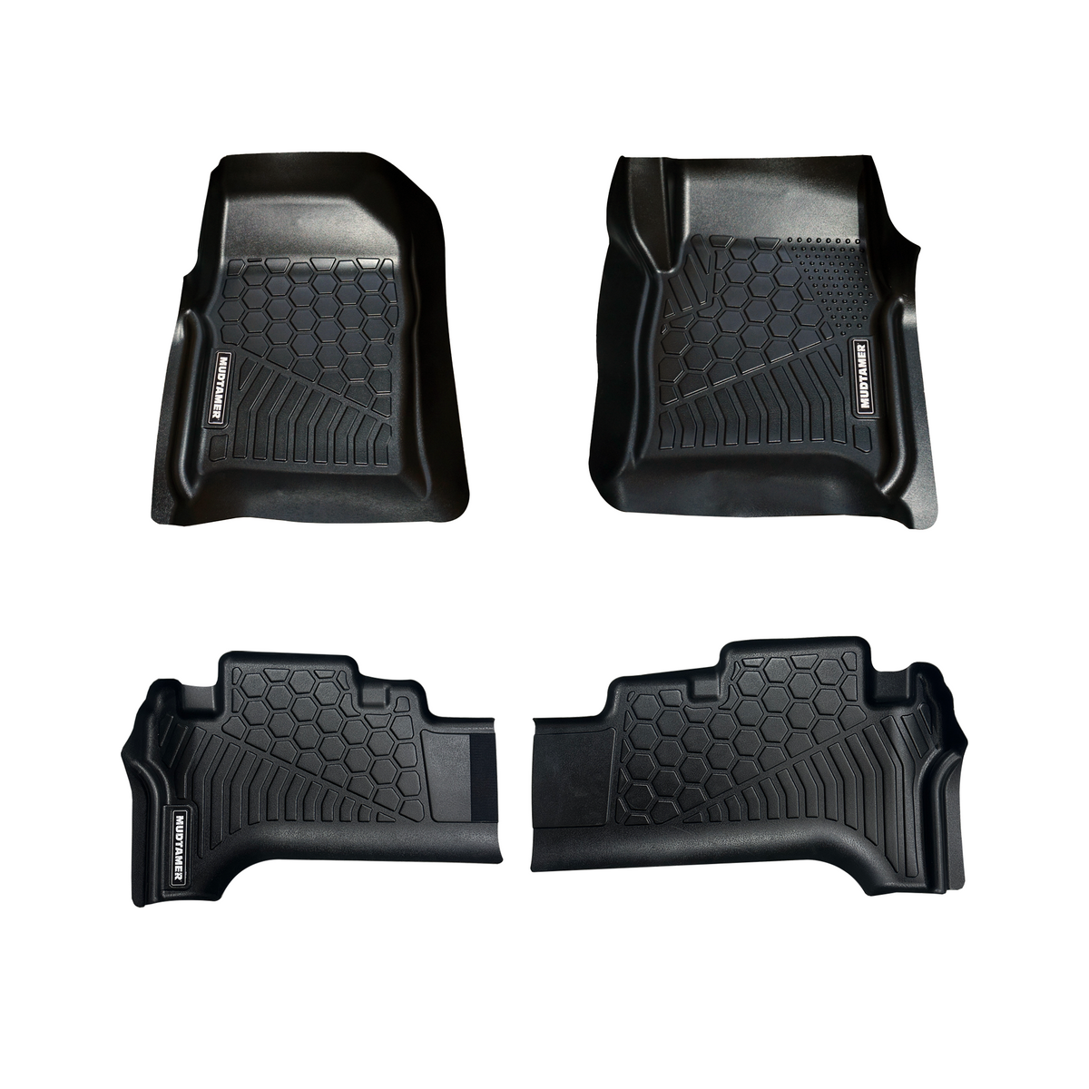 A full set of MUDTAMER floor mats for a Toyota Landcruiser 80 Series on a white background